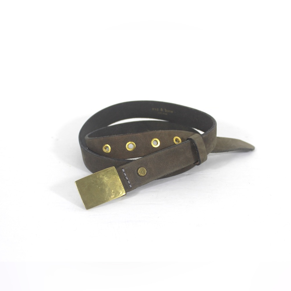 RAG & BONE Gray Brown Sueded Leather Belt with Brass Buckle Grommets 34”-38”
